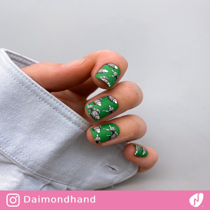 Matte Green Nails with Fish Design